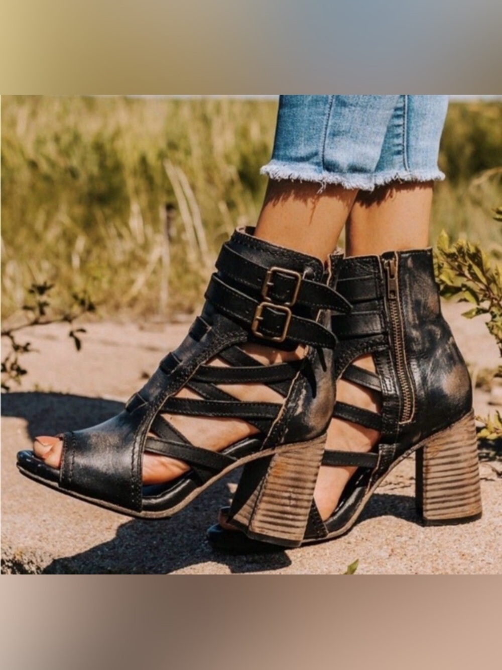The Freebird By Steven Tiara distressed Black Leather Buckle Bootie